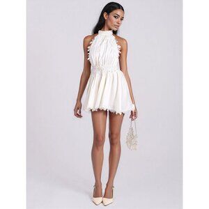 Idalia Pearl White Beaded Lace Trim Backless Halter Mini Dress